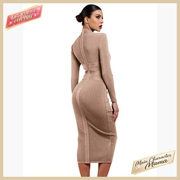 Cross Strap Ribbed Bandage Bodycon Midi Dress Long Sleeve Fall Party Wear - Picture 3 of 6